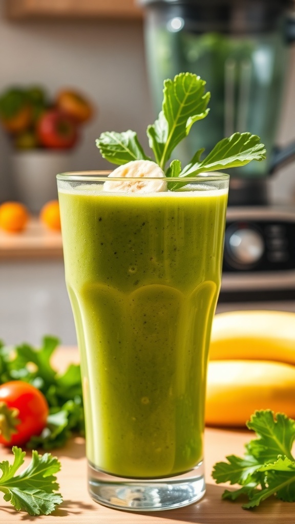 A refreshing kale smoothie in a glass, garnished with banana and kale, on a kitchen counter.